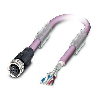 Lila Kabel mit einem runden Mehrpin-Stecker auf der einen Seite und freiliegenden farbigen Drähten auf der anderen Seite, zeigt einen Steckeradapter oder ein Pigtail-Kabel.