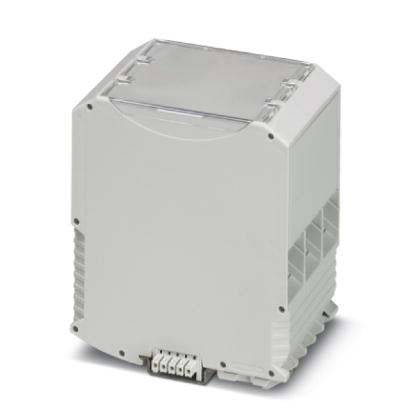 Eine graue, rechteckige elektronische Gehäuse mit transparentem Deckel, entwickelt zum Unterbringen von elektrischen Komponenten, mit Anschlussklemmen an der Basis.