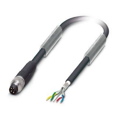 Ein kurzes rundes Kabel mit schwarzer Außenschicht, Metallverbindern an beiden Enden und freiliegenden farbigen Drähten an einem Ende.