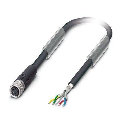 Ein schwarzer Kabeladapter mit einem runden Mehrfach-Steckverbinder an einem Ende und vier freigelegten farbigen Drähten am anderen Ende.