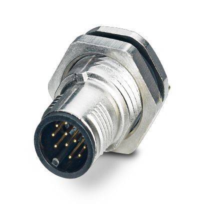 Metallischer kreisförmiger Mehrpin-Elektrostecker mit Gewinde-Gehäuse und Sechskantmutter, dargestellt auf weißem Hintergrund.