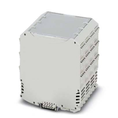 Ein weißes elektronisches Modul mit mehreren Anschlusskonnektoren an der Vorderseite, das für industrielle Automatisierung oder Steuerungssysteme verwendet wird.