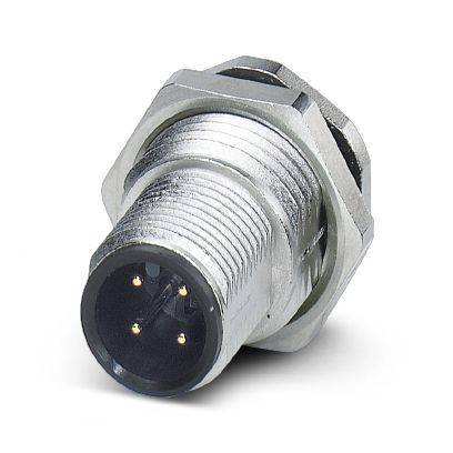Metallischer runder Panelmontage-Elektrostecker mit Gewindeladestock und vierpoligem Steckerstift auf weißem Hintergrund.