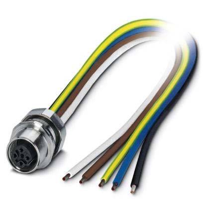 Ein mehrfarbiger Drahtverbinder mit freigelegten Enden, der blaue, grüne, braune, weiße und schwarze Drähte aufweist, die aus einem metallischen Stecker herausragen.