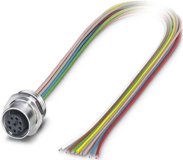 Ein mehrfarbiges Kabel mit acht Adern und einem kreisförmigen metallischen Stecker, das in elektronischen Geräten zur Signal- oder Stromübertragung verwendet wird.
