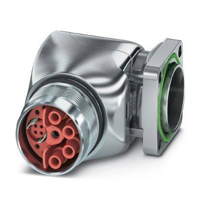 Metallischer Elektrostecker mit kreisförmigem rosafarbenem Stifteinsatz und quadratischem Montageflansch, dargestellt auf weißem Hintergrund.