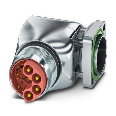 Metallischer industrieller Elektrostecker mit rundem mehradrigem Stecker und abgewinkelter Flanschmontage.