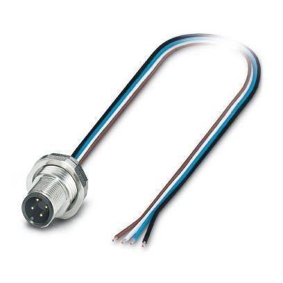 Runder Metallstecker für elektrische Verbindungen mit kurzem Kabel und vier freiliegenden Drahtenden, dargestellt auf weißem Hintergrund.