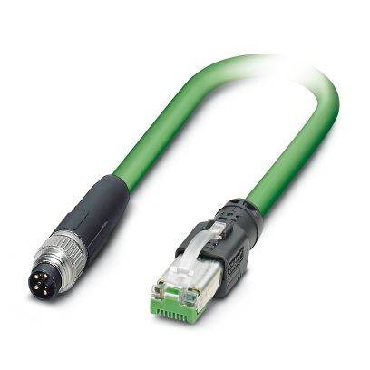 Grüner Kabeladapter mit einem kreisförmigen Stecker auf der einen Seite und einem Ethernet-Stecker auf der anderen Seite, wird verwendet, um Netzwerkgeräte zu verbinden.