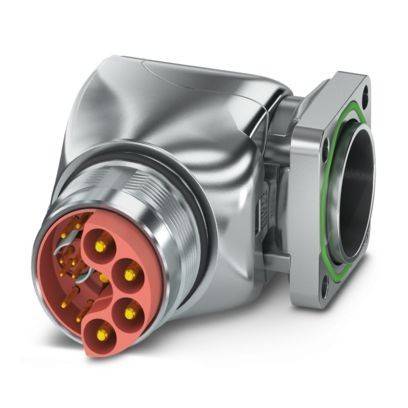 Nahaufnahme eines metallischen kreisförmigen Elektrosteckers mit mehreren vergoldeten Kontaktstiften und einer rechtwinkligen Flanschenmontage.
