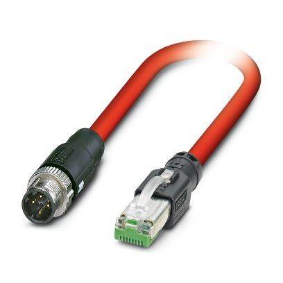 Rotes Ethernet-Kabel mit einem runden Industriestecker auf einer Seite und einem RJ45-Stecker auf der anderen Seite.