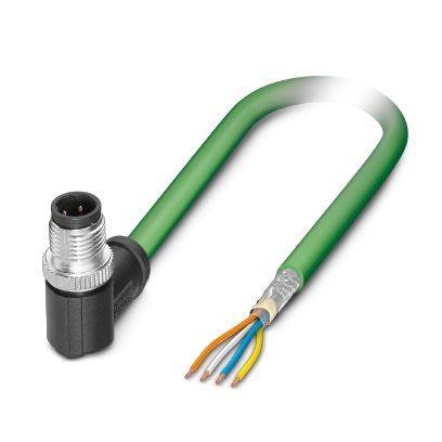 Grünes Industriekabel mit einem Winkelstecker auf einer Seite und freiliegenden mehrfarbigen Adern auf der anderen Seite