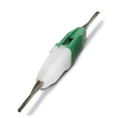 Ein grün-weißes Dentaltool mit einer Metalltipps zum Reinigen von Zähnen, das vor einem einfarbigen weißen Hintergrund dargestellt wird.