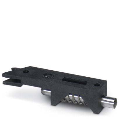 Eine schwarze, rechteckige mechanische Komponente mit einer sichtbaren Metallfeder im Inneren und einem zylindrischen Metallvorsprung auf der rechten Seite.