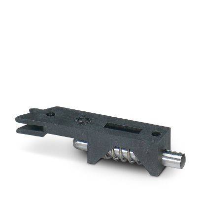 Schwarzer mechanischer Riegel mit federgespanntem Metallstift auf weißem Hintergrund.