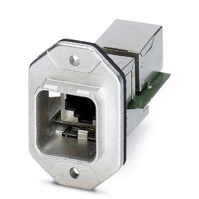 Ein metallischer USB-C-Anschlussadapter mit rechteckiger Form und Befestigungslöchern, konzipiert für die Paneelmontage.