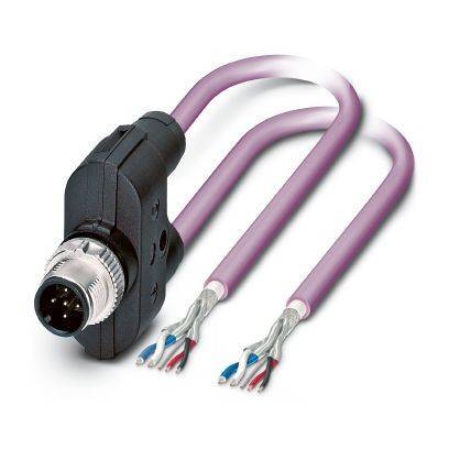 Schwarzer Elektroanschluss mit drei violetten Kabeln mit freigelegten Drahtlitzen.