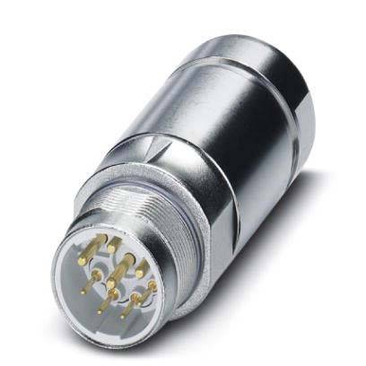 Ein metallischer zylindrischer Steckverbinder mit mehreren goldenen Pins, die aus einem Ende hervorragen und für elektrische Verbindungen in elektronischen Geräten verwendet werden.