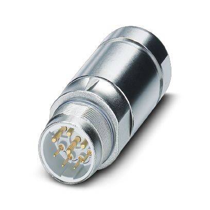 Metallischer kreisförmiger elektrischer Verbindungsstecker mit mehreren vergoldeten Stiften auf weißem Hintergrund.