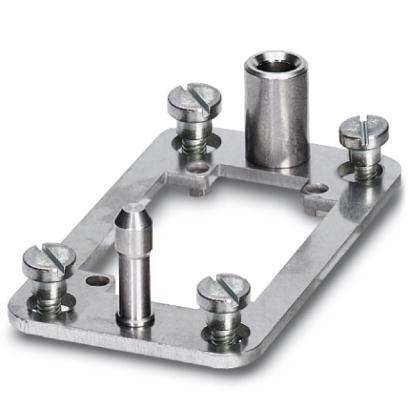 Eine Metallmontagehalterung mit sechs Schrauben und zwei zylindrischen Befestigungspfosten, entwickelt zur Befestigung oder Ausrichtung mechanischer Komponenten.