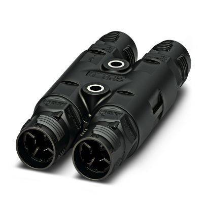 Schwarzer Y-förmiger Stromkabel-Verteiler-Stecker mit zwei weiblichen Enden und einem zentralen Eingangsport auf weißem Hintergrund