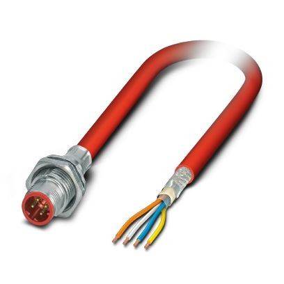 Rotes Industriekabel mit einem metallischen Rundstecker an einem Ende und vier freigelegten farbigen Drähten am anderen Ende.