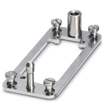 Eine rechteckige Metallhalterung mit Schrauben und einer zylindrischen Stütze, die zum Montieren oder Befestigen von Komponenten entwickelt wurde.