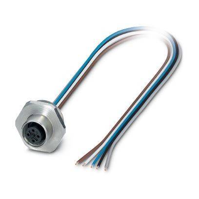 Metallischer elektrischer Stecker mit einer Sechskantmutter und mehreren farbcodierten Drähten, die sich auf weißem Hintergrund davon erstrecken.