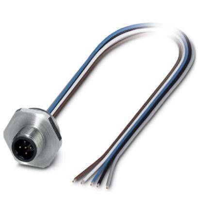 Ein metallischer zylindrischer Verbinder mit sechseckiger Grundfläche und vier farbcodierten Kabeln, der für elektrische Verbindungen verwendet wird.
