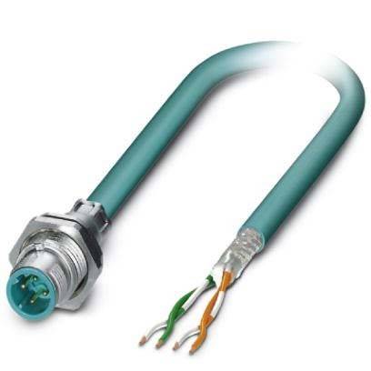 Ein türkisfarbenes Ethernet-Kabel mit Metallstecker an einem Ende und freiliegenden, verdrillten Adernpaaren am anderen Ende, die grüne, orange und weiße Kabel aufweist.