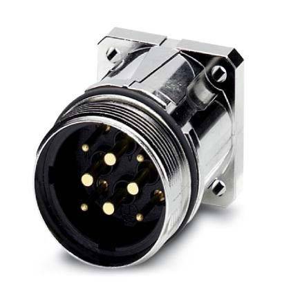 Ein metallischer industrieller Anschluss mit mehreren Pins in einer kreisförmigen Anordnung, entwickelt für robuste elektrische Verbindungen.