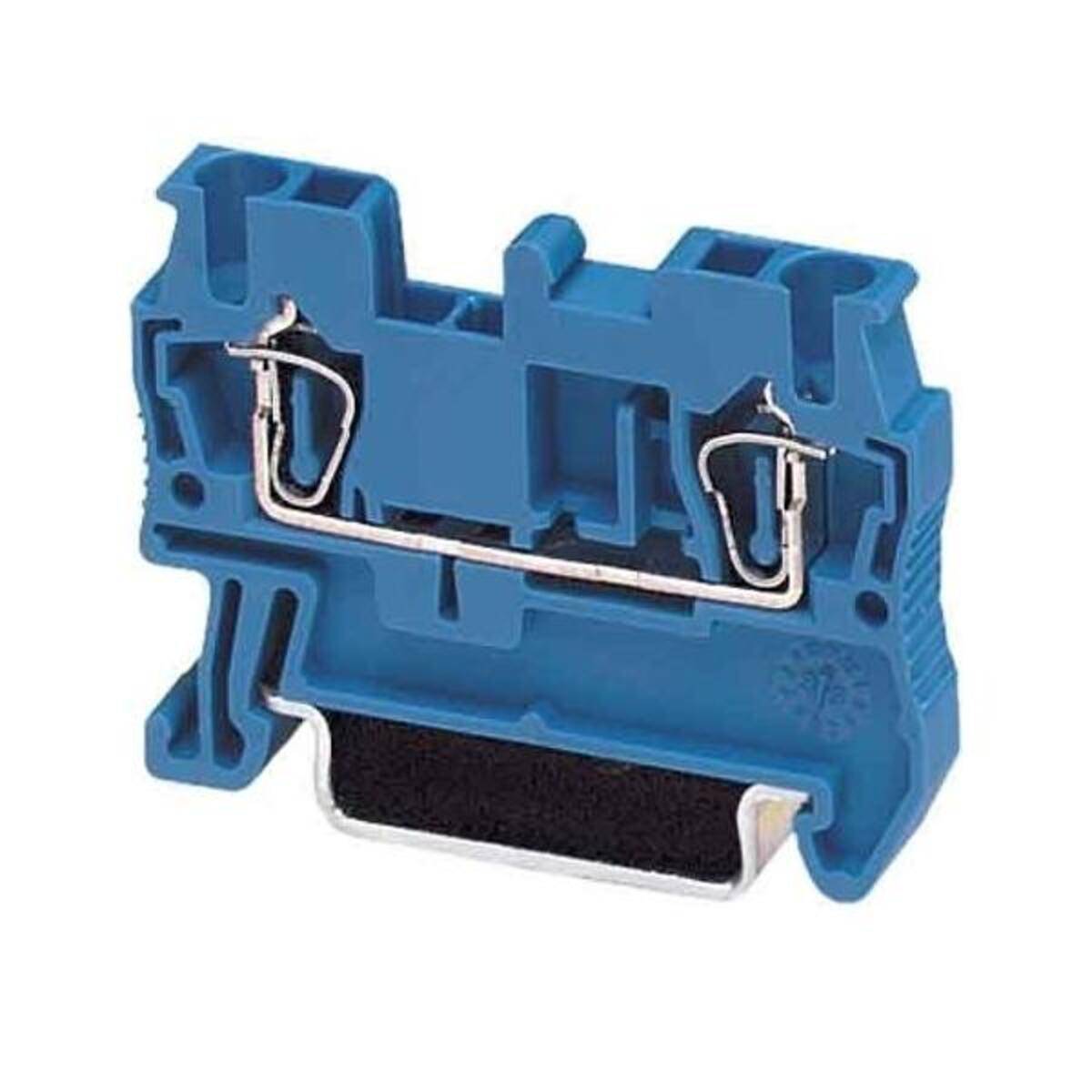 Ein blauer elektrischer Klemmblock mit Metallverbindern und einer schwarzen Komponente, der zur Befestigung und Verbindung von elektrischen Leitungen verwendet wird.