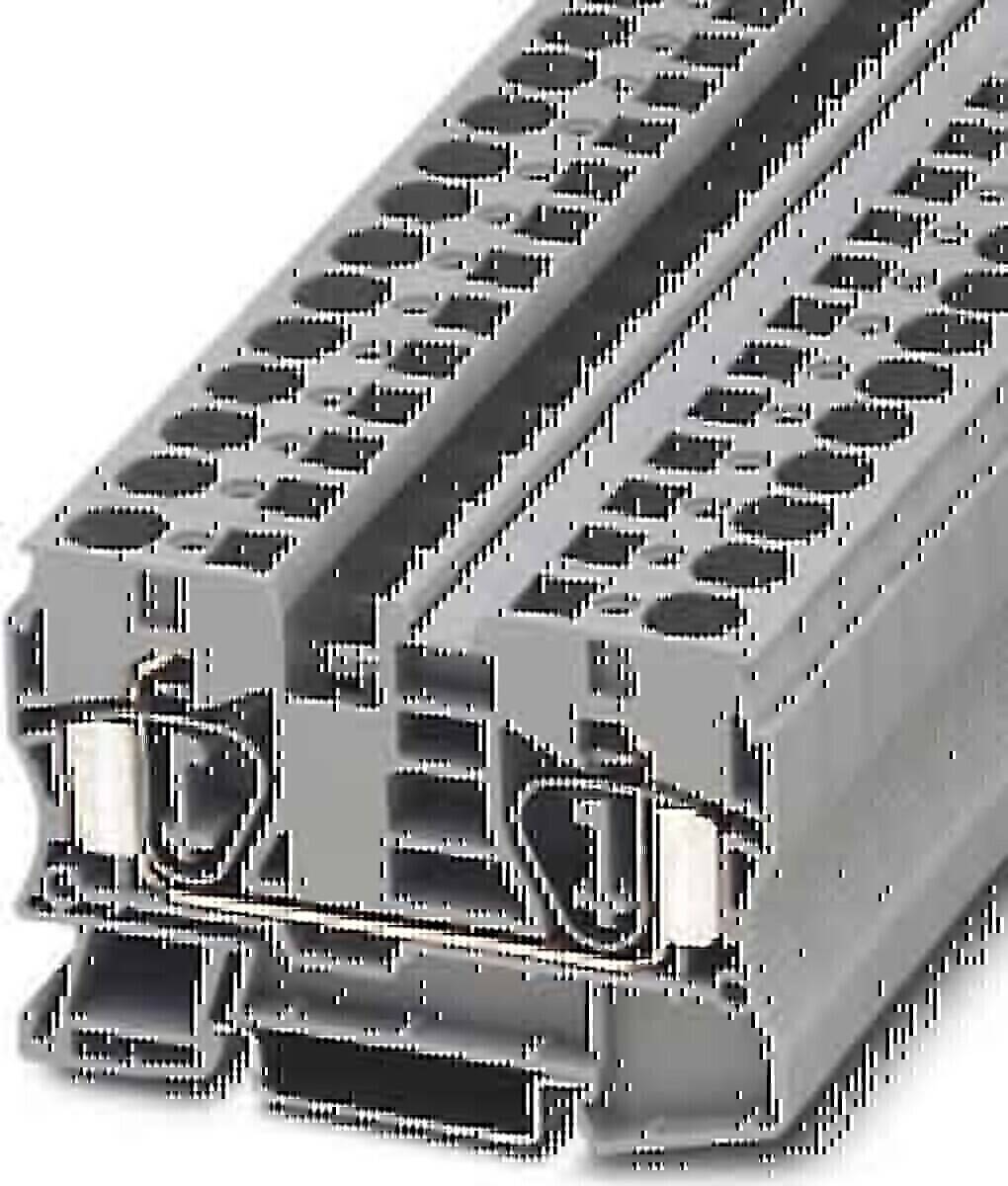 Ein grauer modularer Klemmenblock, der zum Anschluss von elektrischen Leitungen verwendet wird und mehrere Anschlusspunkte in einem kompakten Design aufweist.