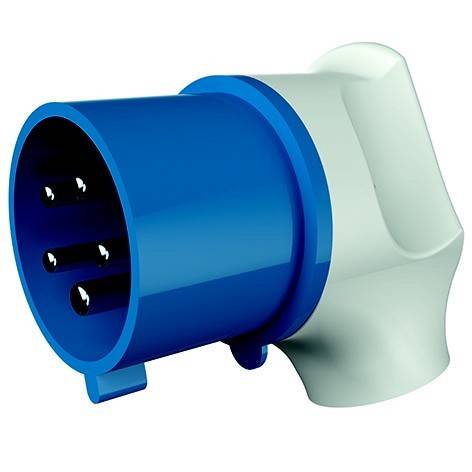 Blauer Industrie-Stromstecker mit drei sichtbaren Stiften und weißem Griff oder Gehäuse, auf einfachem Hintergrund gezeigt.