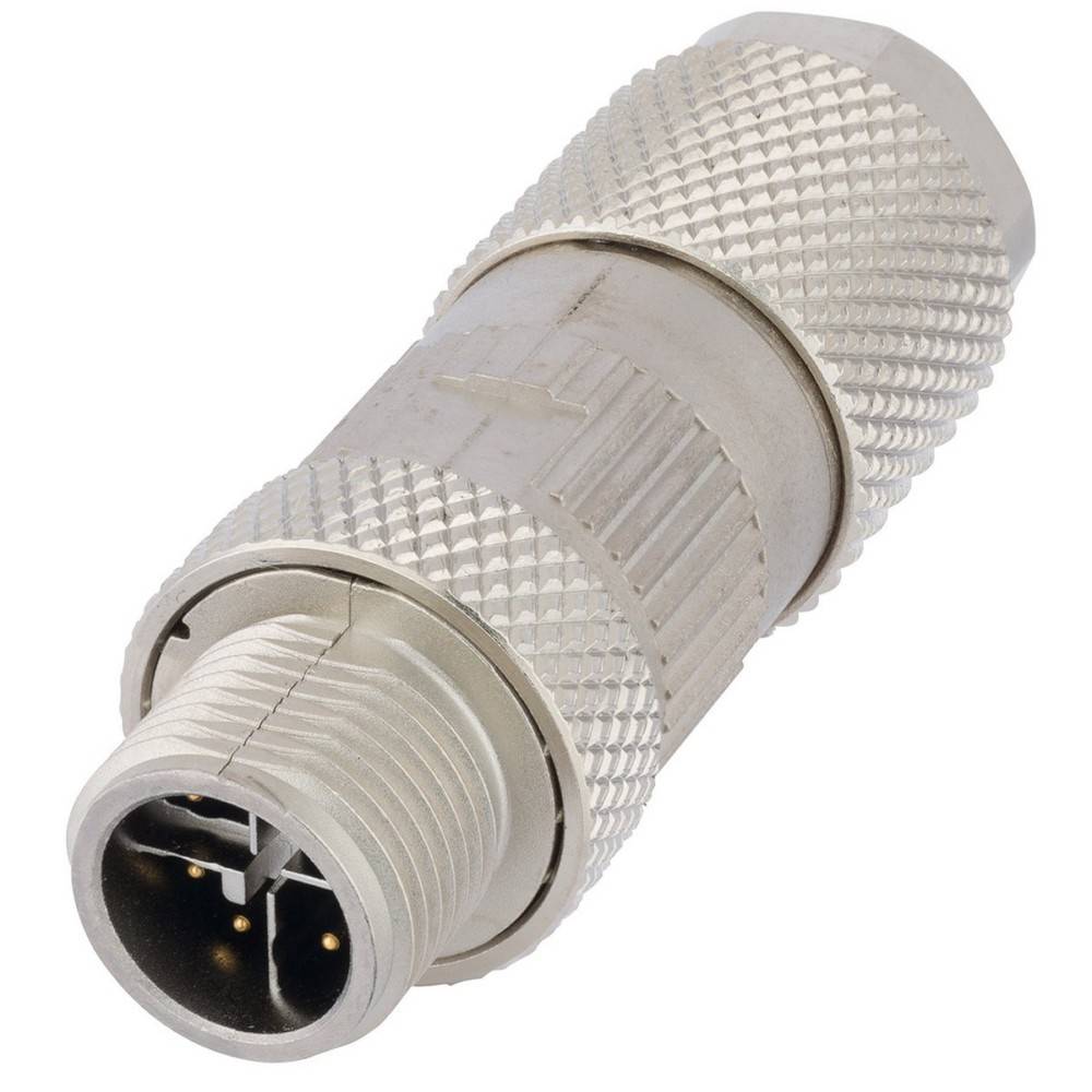 Ein zylindrischer Metallstecker mit strukturierter Griffoberfläche und mehreren Kontaktstiften, der für sichere elektrische Verbindungen ausgelegt ist, vor einem weißen Hintergrund.