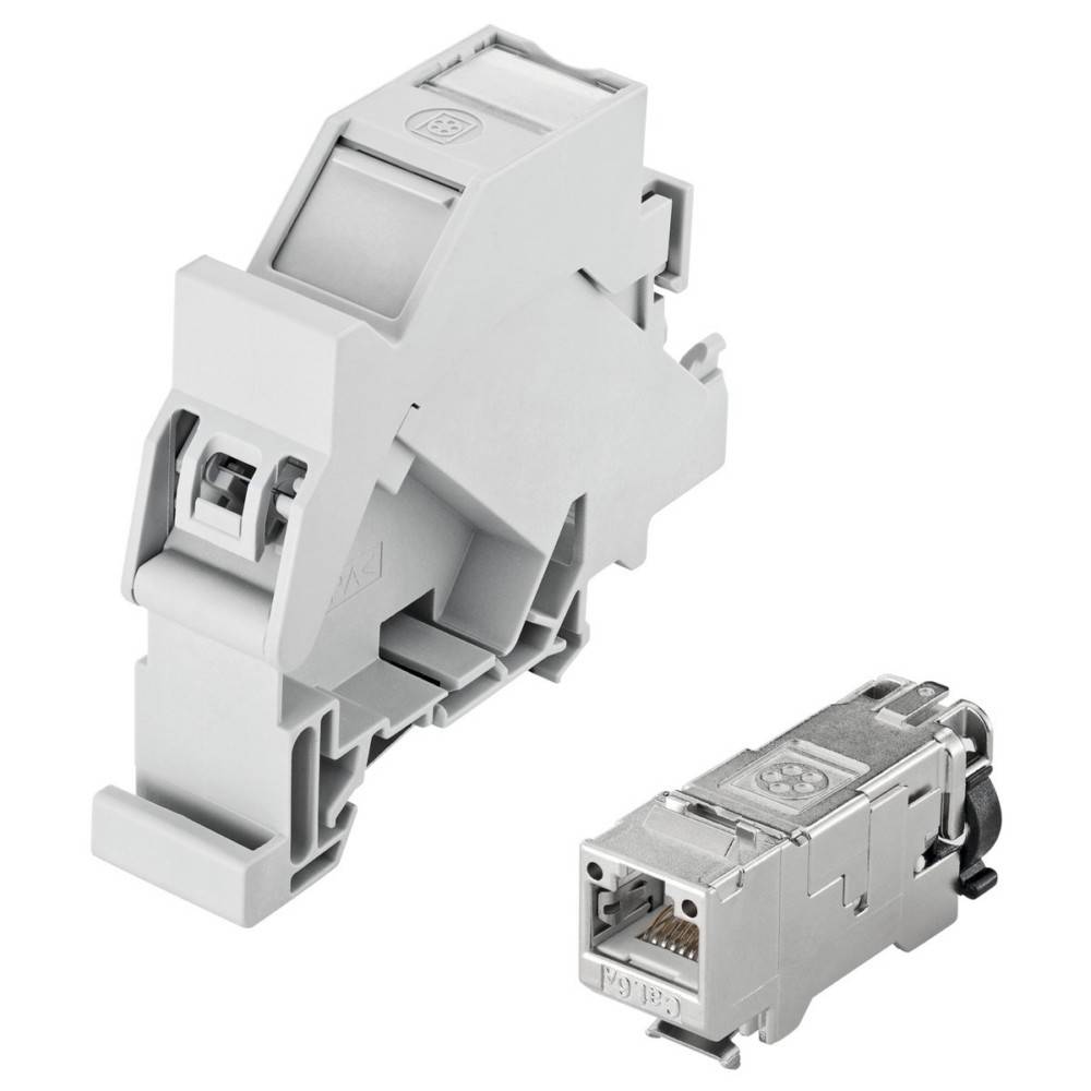 Ein grauer RJ45 industrieller Ethernet-Stecker mit einem separiert dargestellten DIN-Schienenmontageadapter.