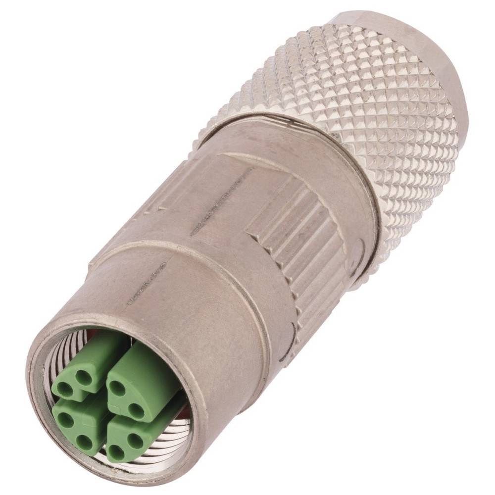 Ein vier-poliger grüner Stecker mit Metallgehäuse und strukturierter Griffoberfläche, entwickelt für sichere Verbindungen in elektronischen oder industriellen Geräten.