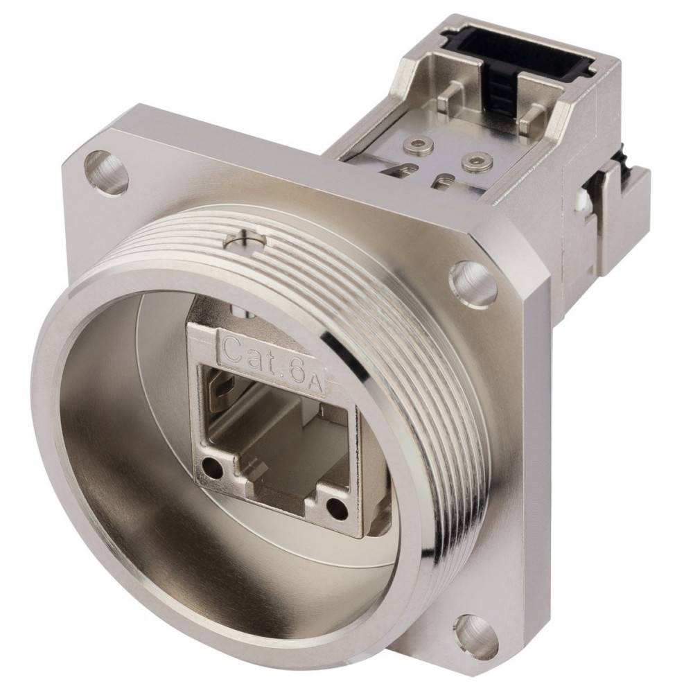 Eine runde Cat 6A Ethernet-Wandsteckdose mit Metallgehäuse, die ein robustes und industrielles Design für sichere Internetverbindungen präsentiert.