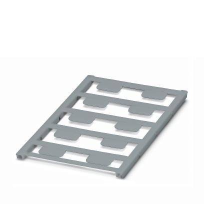 Graues Metallregal oder Tablett mit fünf horizontalen Schlitzregalen, isoliert auf weißem Hintergrund dargestellt.