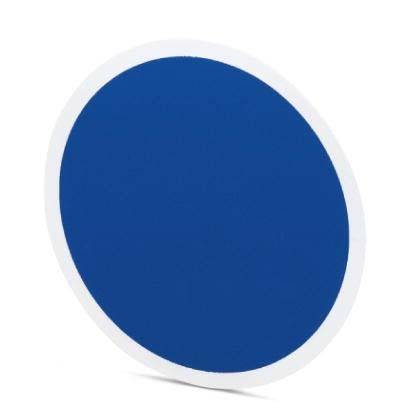 Eine runde, flache, blaue Scheibe mit einem weißen Rand, die leicht geneigt zu sein scheint.