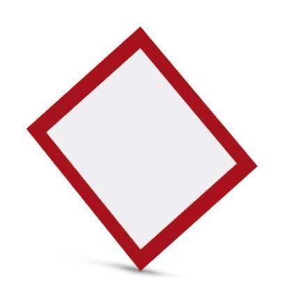Ein geneigter roter Rhombus mit weißer Füllung auf einem einfarbigen Hintergrund.