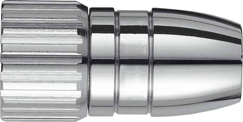 Eine metallische Kugel mit drei Rillen und einer glatten, glänzenden Oberfläche.