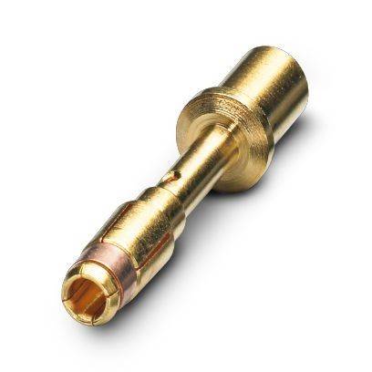 Messingmetall-Elektrostecker mit zylindrischem Körper und Gewindelbereich auf weißem Hintergrund.