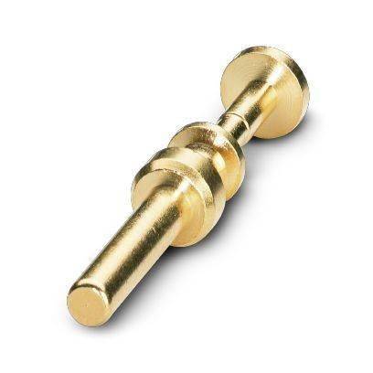 Goldfarben Metallspindel oder Stift mit flanschtem Kopf und gestufter Mitte, isoliert auf weißem Hintergrund dargestellt.