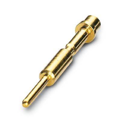 Goldfarbiger federbelasteter Pogo-Pin-Stecker auf weißem Hintergrund.
