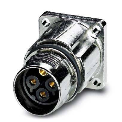 Ein metallischer 4-poliger elektrischer Anschluss mit quadratischer Montageplatte, der für elektronische oder elektrische Geräteverbindungen verwendet wird.