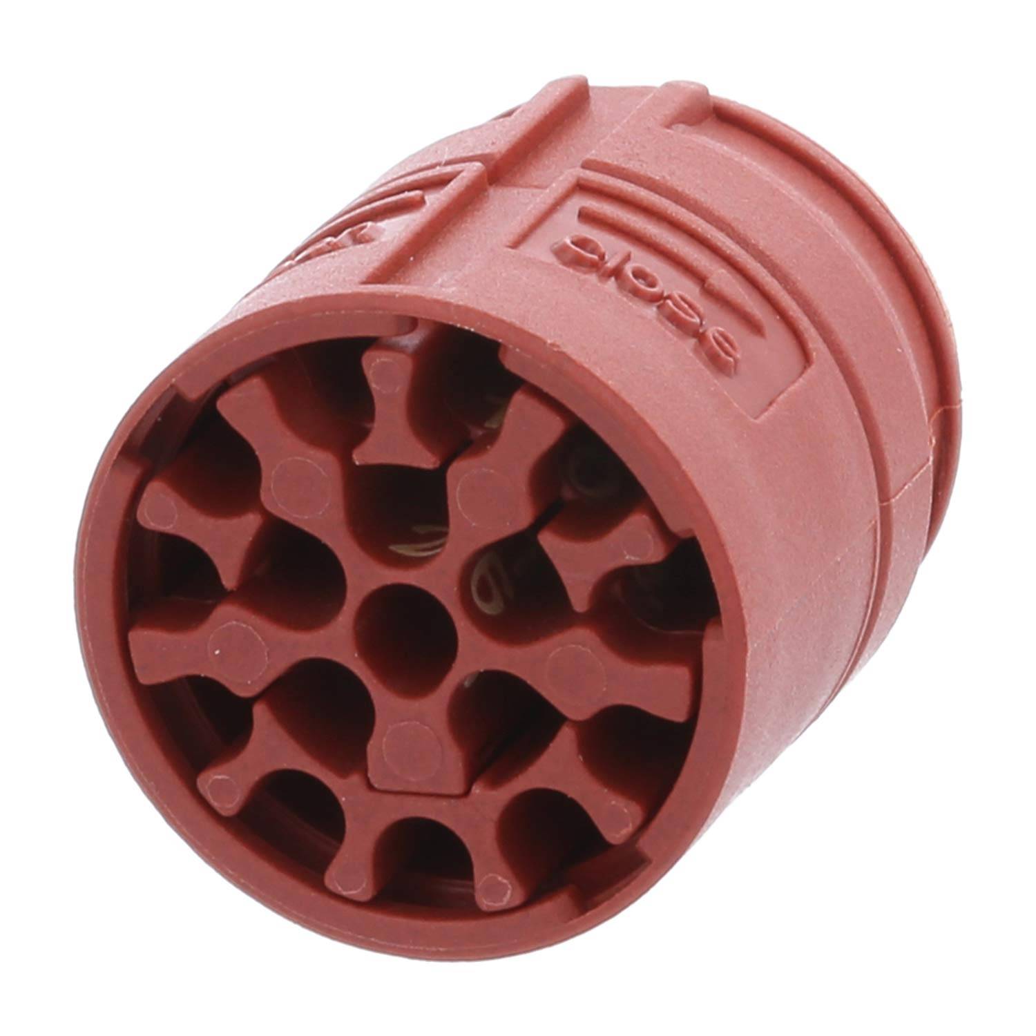 Ein rotes Rotationswerkzeug-Zubehör mit geriffeltem, mehrfach geschlitztem Design für Schleif- oder Schneidaufgaben.