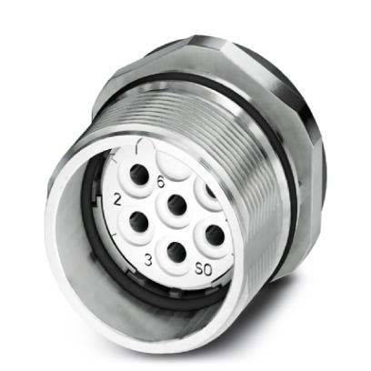 Ein runder, industrieller Stecker mit sechs nummerierten Pins, die im Inneren sichtbar sind und für robuste elektrische Verbindungen in Maschinen verwendet werden.