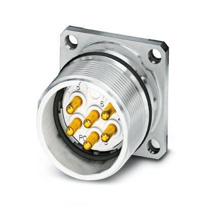 Nahaufnahme eines kreisförmigen Metall-Elektrosteckers mit sechs vergoldeten Stiften auf einem quadratischen Montageflansch.