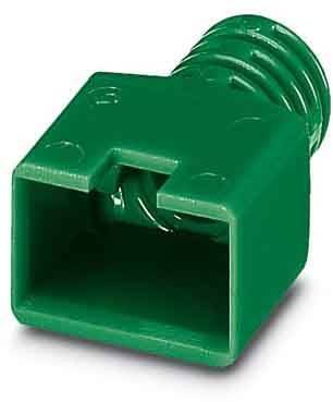 Grüner Plastikverbinder in quadratischer Form, mit einem Gewinde am Ende, für elektrische oder elektronische Anwendungen, auf weißem Hintergrund isoliert.